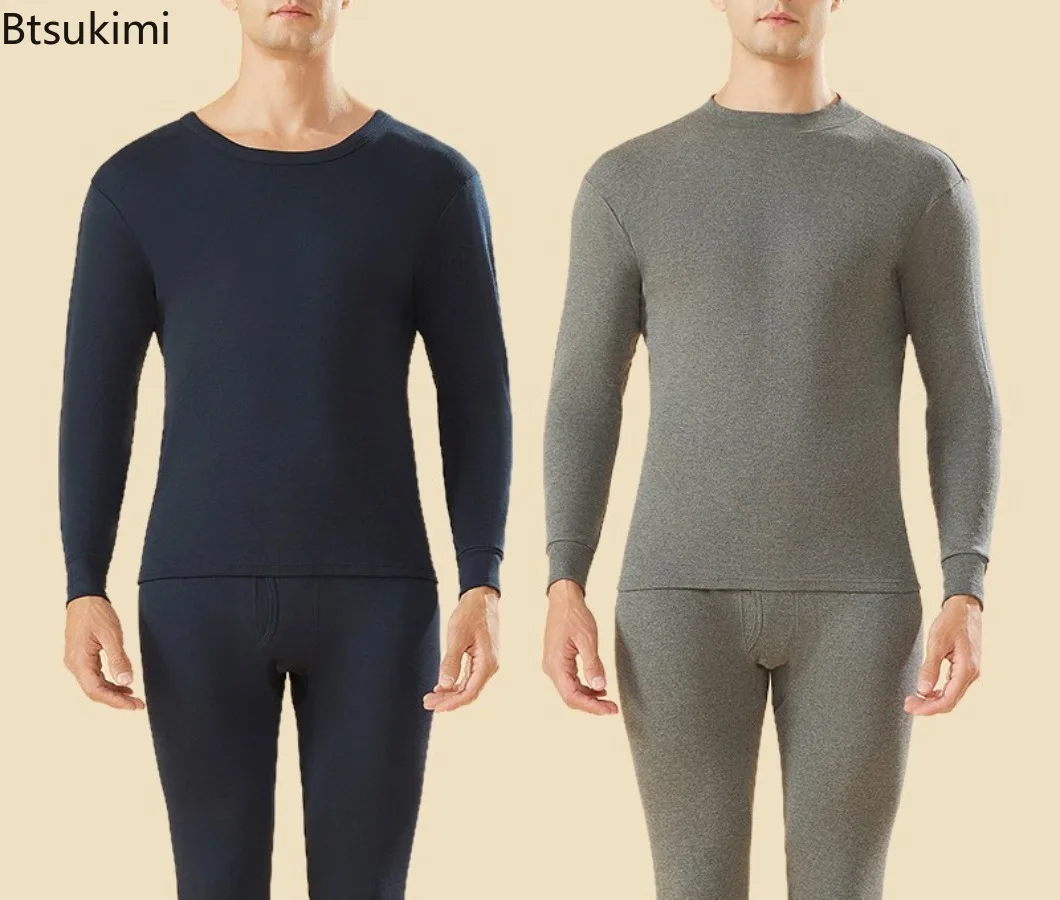 

Новые мужские комплекты термобелья из чистого хлопка, мягкое удобное осенне-зимнее нижнее белье, комплект из 2 предметов, топы с круглым/средним воротником, длинные кальсоны