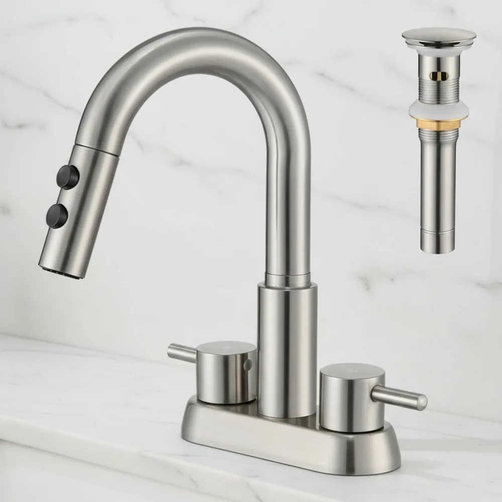 

Brushed Nickel Pull-Down Bathroom Faucet with Sprayer, 2 Handles & Pop-Up Drain - Easy Install for Sink Cleaning