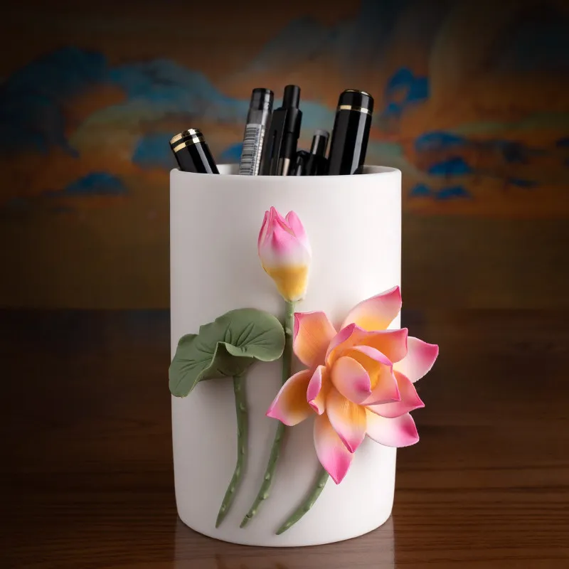 Handmade Unique Porcelain Ceramic  Lotus Flower Pen Holder , Stationery Container