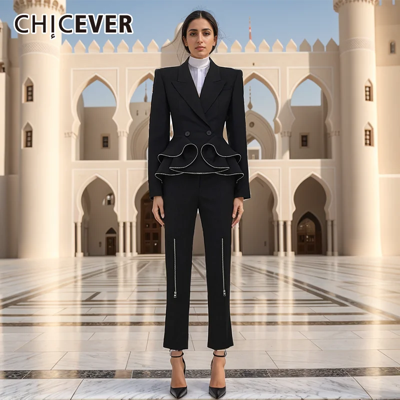 CHICEVER Asymmetric Blazer Women Set Notched Collar Long Sleeve Ruffle Hem High Waist Spliced Zipper Straight Pant Sets Female