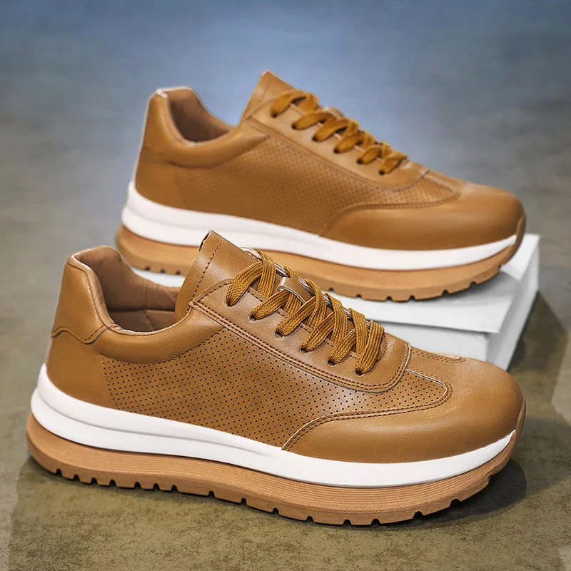 Men Brown Perforated Faux Leather Sneakers Lace Up Thick Platform Cushion Non Slip Sole Light Office Daily Walking Casual Shoes