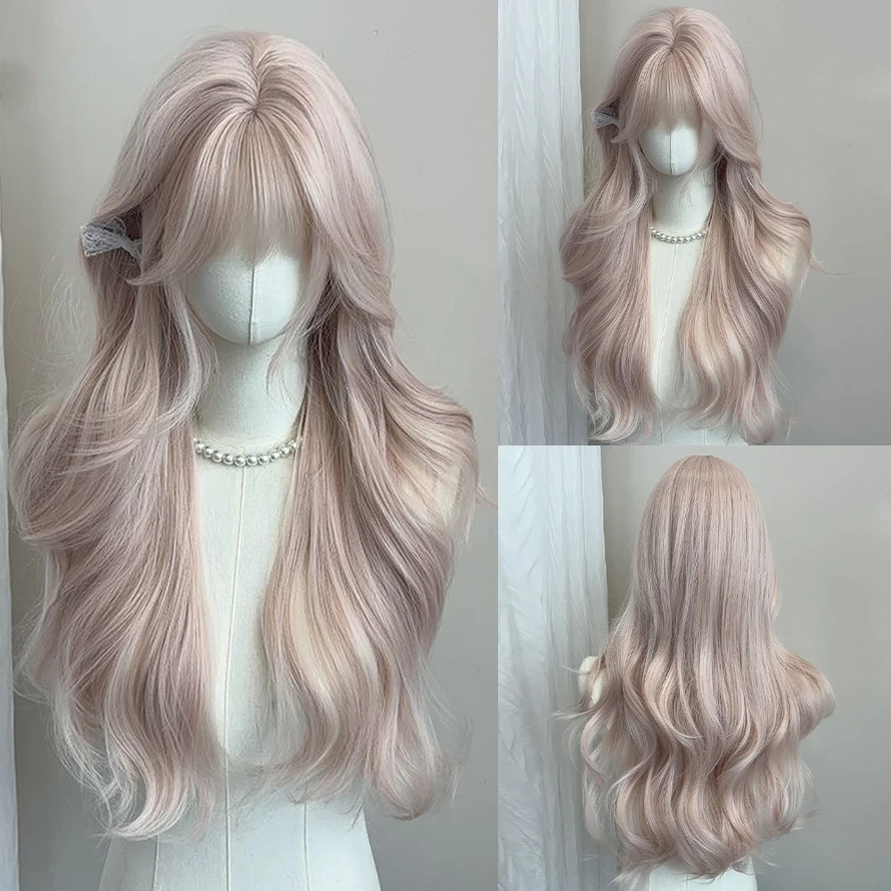 Long Wavy Pink Wig with Bangs Synthetic Women Fluffy Lolita Cosplay Wig Heat Resistant for Daily Party