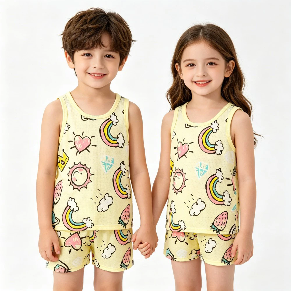 2026 New Boys Cotton Pajamas Set Breathable Sleeveless Tank Top + Shorts Cartoon Dinosaur Print Kids Sleepwear Home Clothes