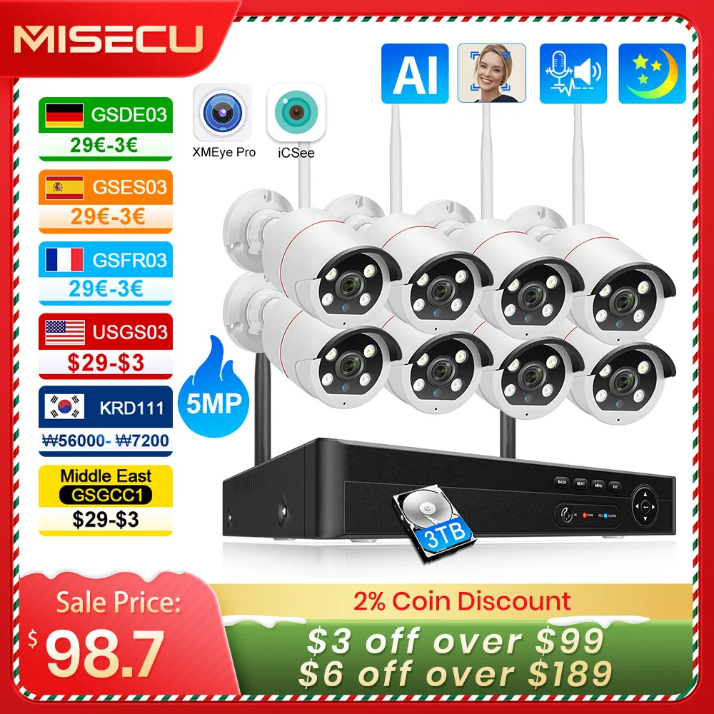 

MISECU 8CH 5MP Wireless Security System Outdoor Human Face Detect Audio Recorder Vision Video Surveillance Protection ONVIF Kits