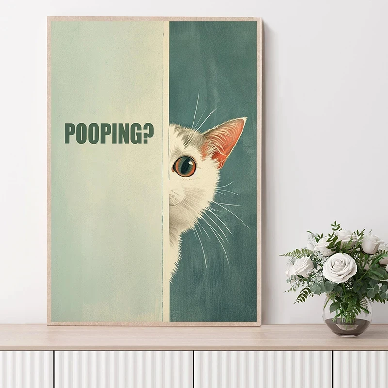 Cat Peeking Funny Quote Are You Pooping Posters and Prints Canvas Printing Vintage Wall Art Picture for Bathroom Toilet Decor