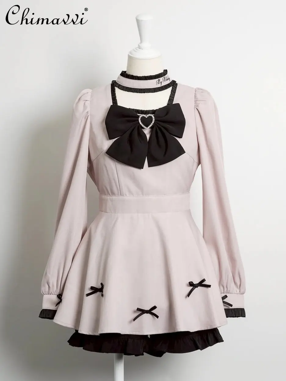 

Japanese Style Cute Preppy Dress Set 2026 New Sweet Large Bow Long Sleeve Top Ruffle Shorts Elegant Women's Two-piece Outfit