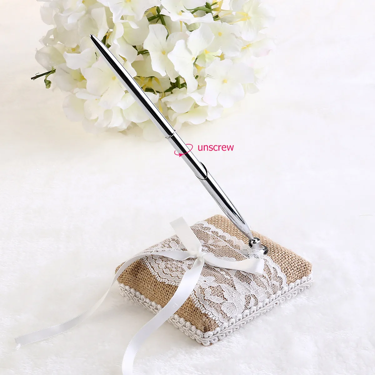 

Pen Holder With Pen For Wedding Signing Burlap Rustic Guest Book Set Vintage Lace Design Bridal Party Favors