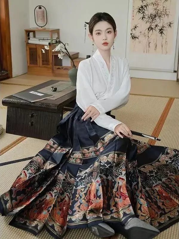 National Style Printed Horse Face Skirt Ming Dynasty Hanfu Daily Improvement Chinese Style Suit