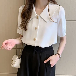 Blusas Mujer 2022 Summer Turn down Collar Tops Woman Shirts Short Sleeve Chiffon Shirt Women Blouse Button Korean Style Clothes