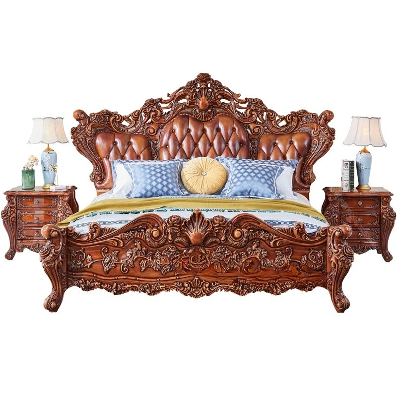 

European style, leather, double bed, master bedroom, solid wood, carved, top layer, cowhide