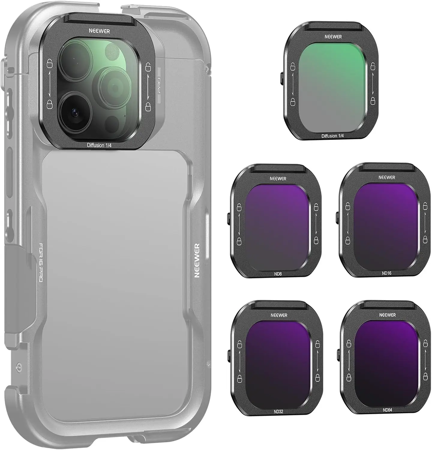 

Phone Lens Filter Kit (5 Pack) - Black Diffusion & ND Filters for iPhone 16 Pro/Max, Quick Release HD Glass
