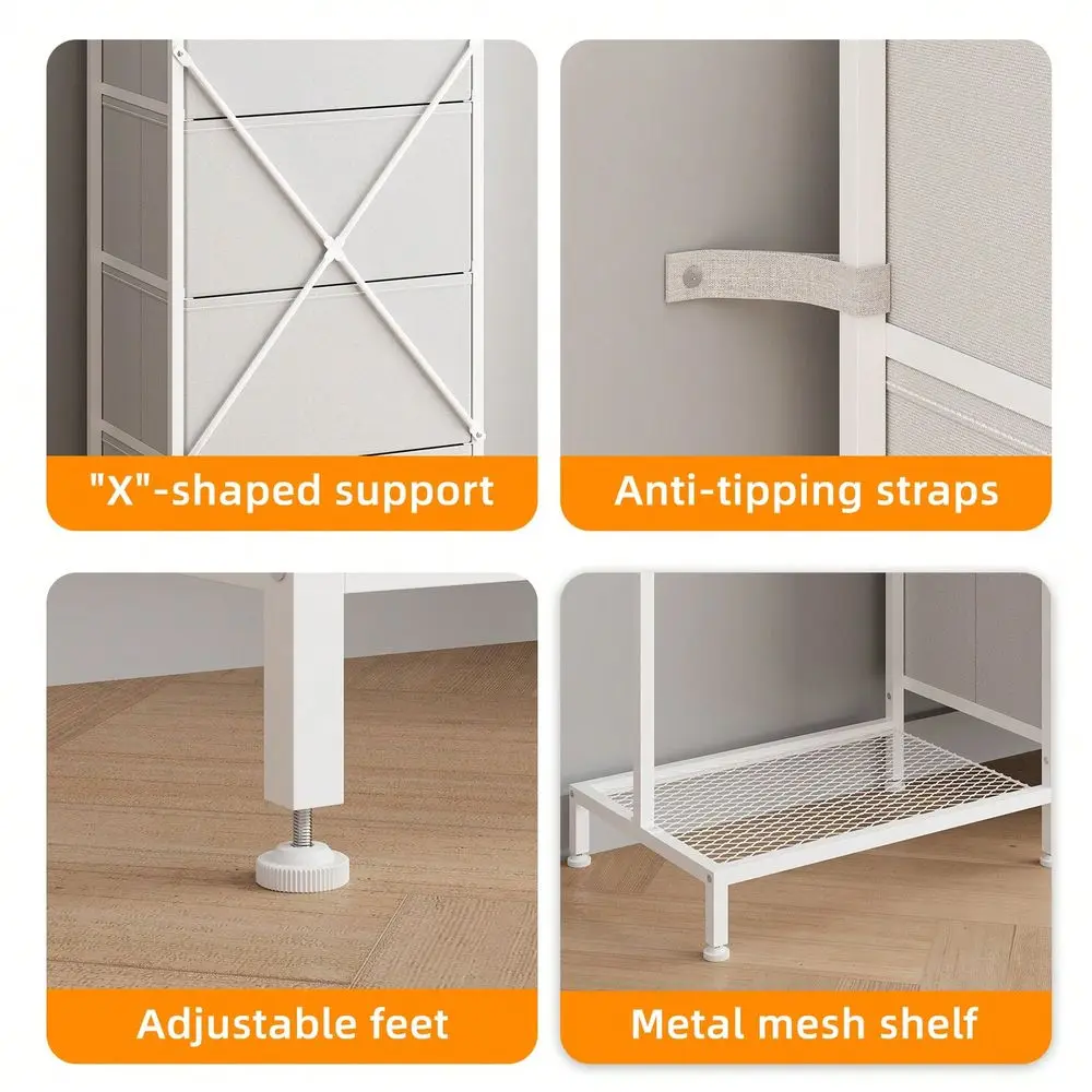 Dresser For Bedroom With 4 Fabric Drawers, Fabric Dressers Chest Of Drawers With Clothes Rack, Wooden Top, Grid Panel, Closet, - view 5