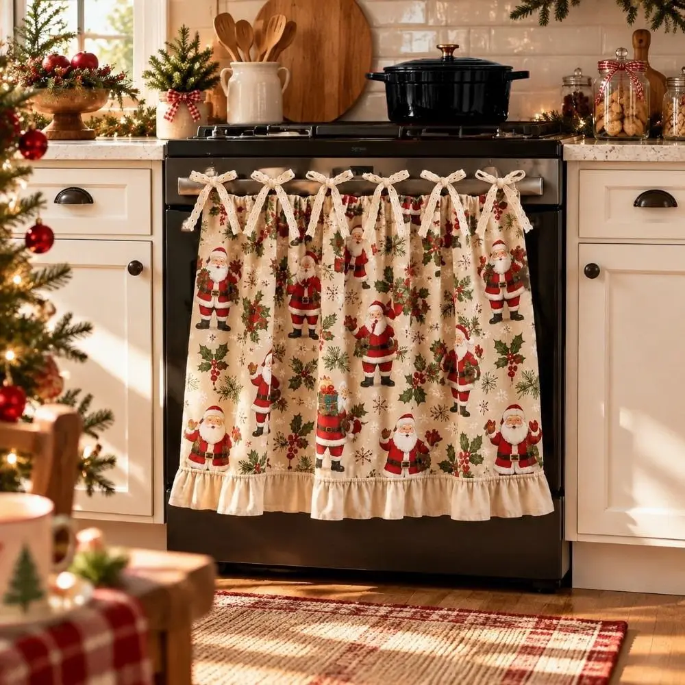 Ruffle Edge Christmas Oven Short Curtain Snowman Deer Xmas Tree Kitchen Stove Short Curtain Decorative Flower