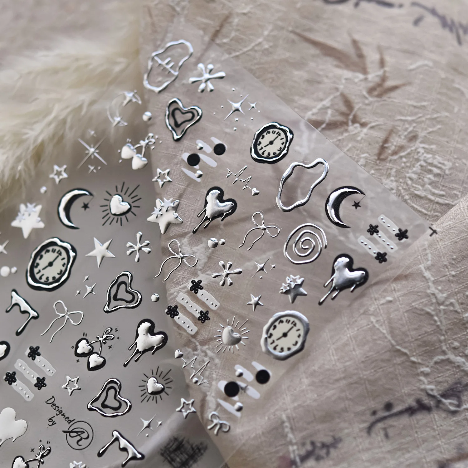 1pcs 5D Punk Silver Black Moon Star Love Heart Nail Art Stickers Bowknot Clock Watch Cherry Crystal Rhinestone Manicure Decals