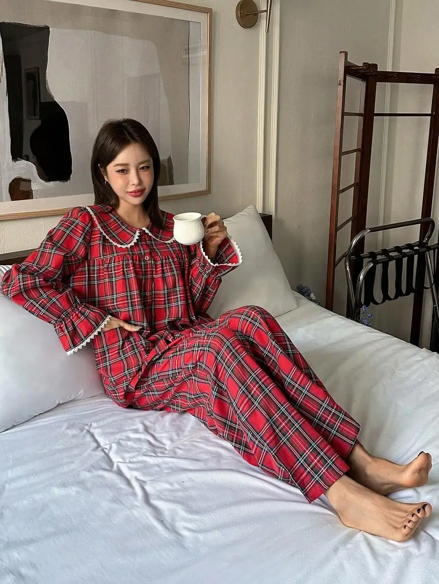 

Red Plaid Peter Pan Collar Ruffle Pajama Set For Women Fall Winter Sleepwear