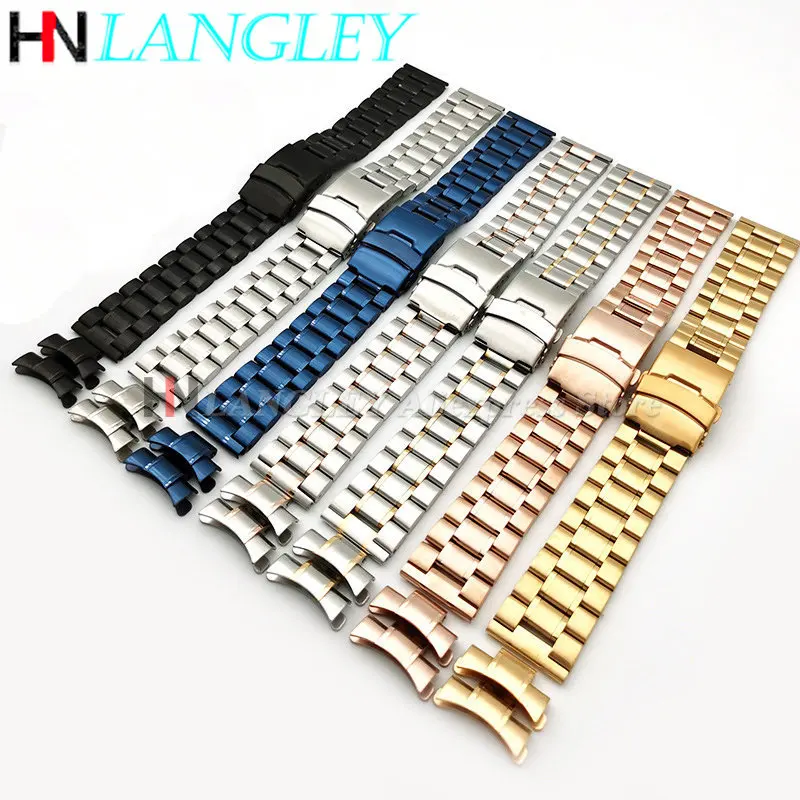 Tali Jam Tangan Baja Tahan Karat Padat Gelang Baja Ujung Busur 18/20/22/24Mm untuk Rolex untuk Seiko Metal Gelang Jam Pengganti Universal
