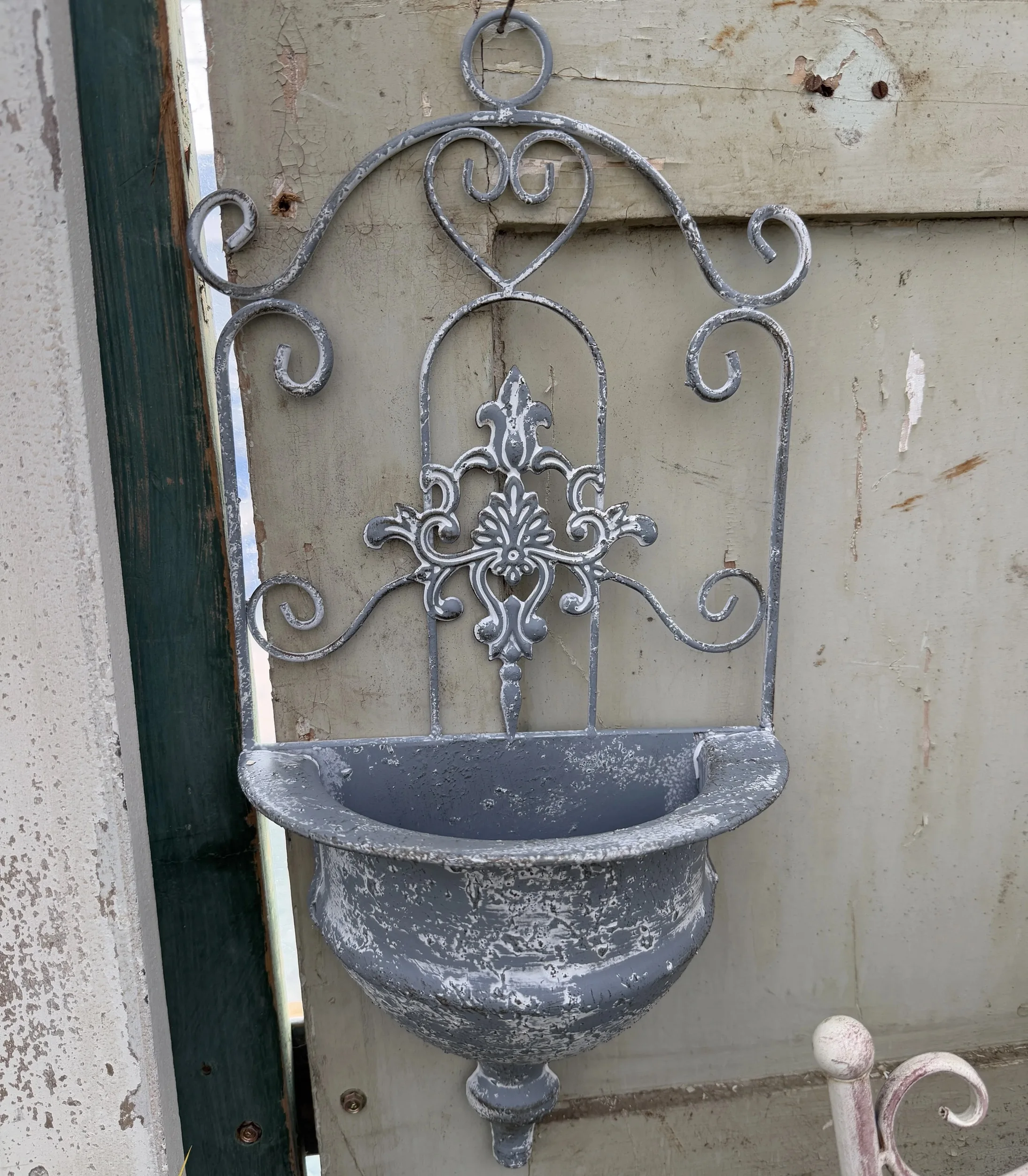 

Vintage Wall Mounted Planter, Distressed Gray Metal with Ornate Scrollwork, 9.1 x 4.7 x 18.5 Inches