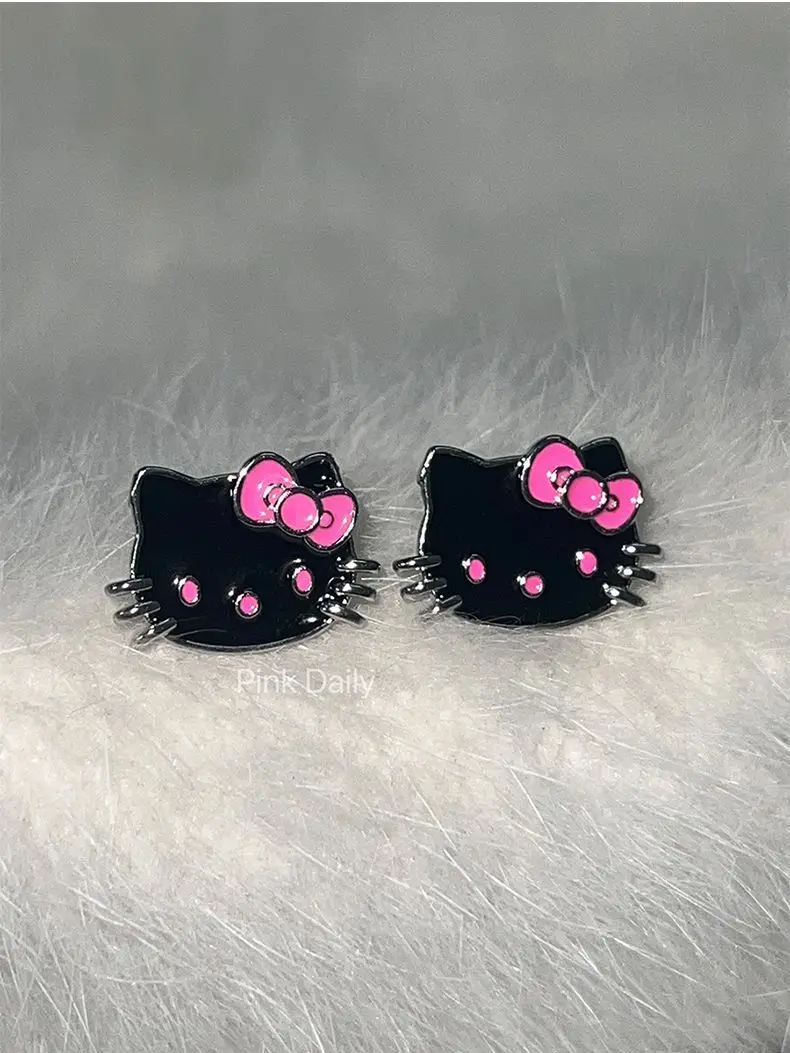 Boucles d'oreilles Hello Kitty en cuir noir pour filles, sans oreilles percées, clip d'oreille Kawaii, décoration créative, accessoires de bijoux, Y2k