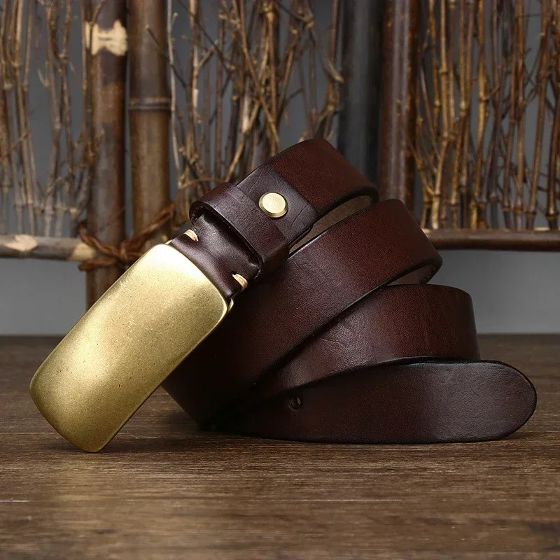 3.3cm Pure Cowskin Men Belt High Quality Genuine Leather Smooth Brass Buckle Strap Male Jeans Luxury Designer Belts for Man