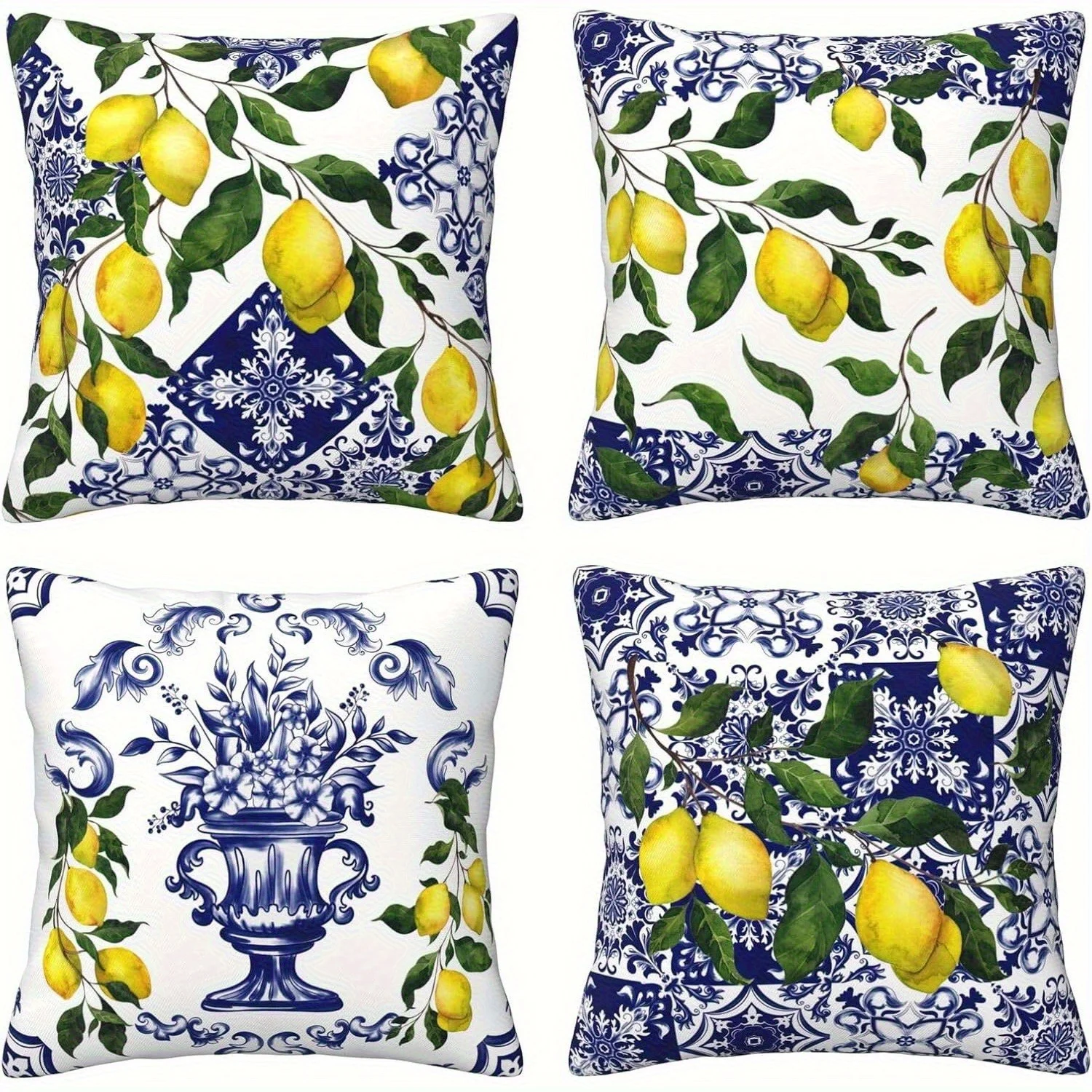 Mediterranean Lemon Floral Cushion Cover Blue and White Pattern Throw Pillow 40x40cm Decorative Living Room Home Decor Accent