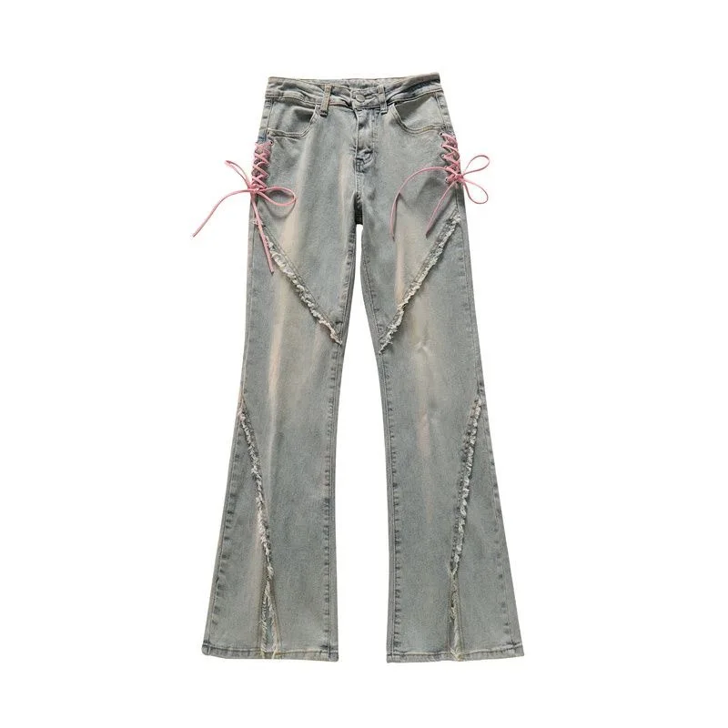 

Fashion Lacing Up Design Flare Jeans Women High Waist Slim Stretch Hem Split Denim Pants s666