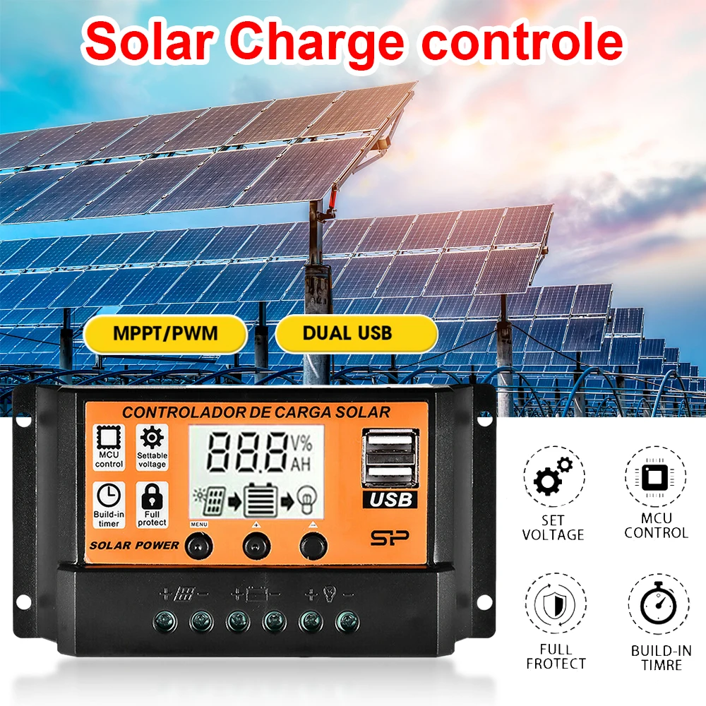 10~100A Dual USB Solar Controller LCD Display Solar Battery Regulator Real Time Display Temperature/Charge/Discharge Current