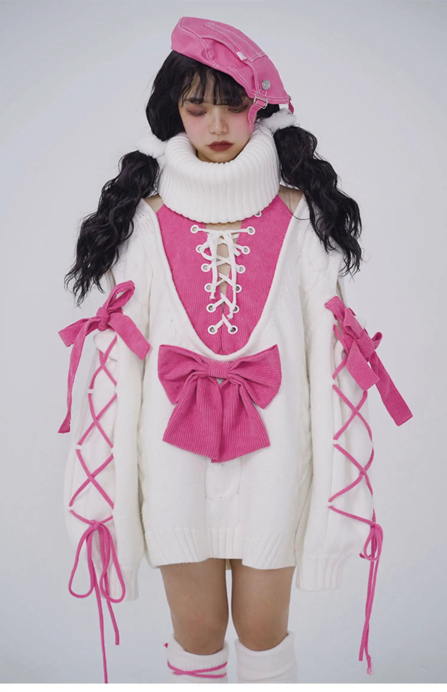 

Y2K свитер оверсайз женский розовый ремешок с бантом толстый вязаный пуловер милый уютный ленивый ветер уличная одежда в стиле ретро осень-зима 2025