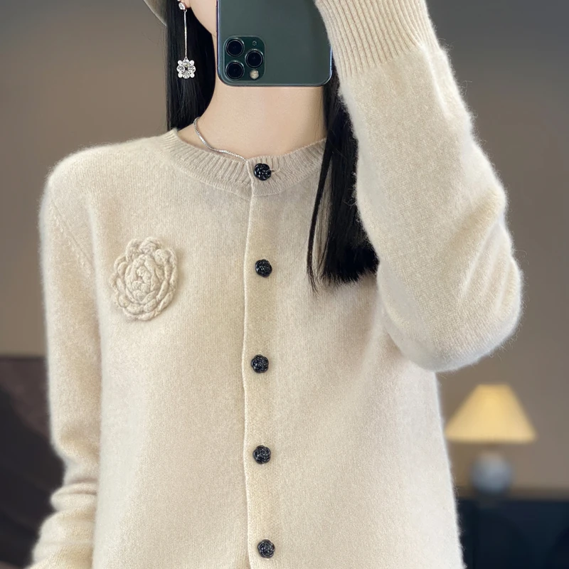 100% pure merino wool women\'s round neck shirt Spring and Autumn new knitted cardigan sweater loose long sleeve sweater outside