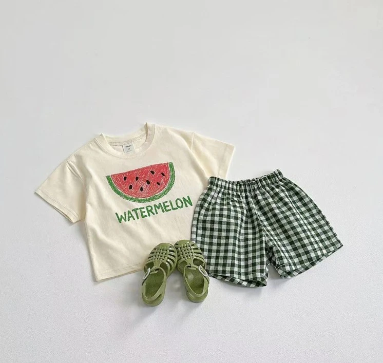 Summer Essential Kids Cute Print T Shirt And Plaid Shorts Set Soft Cotton Comfortable Outfit Children Sport Simple Home Wear Set