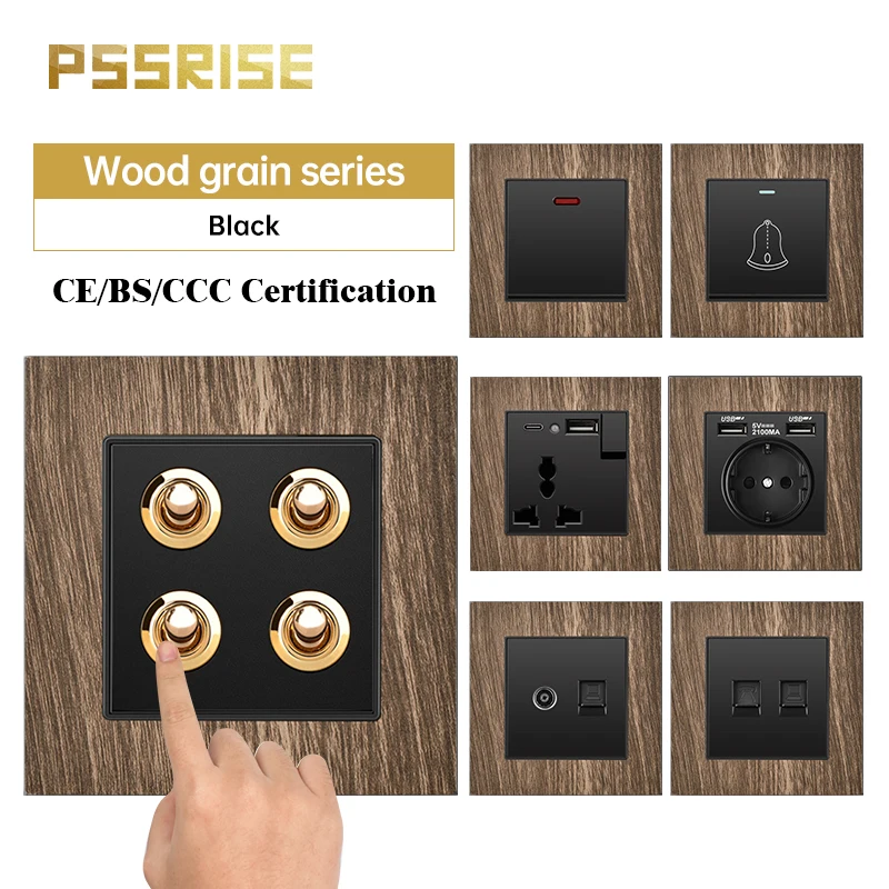 PSSRISE EU RU UK Wall Switch Computer Computer TEL TV Socket Aluminum Alloy Wood Grain Panel Doorbell Fasu Dimmer Light Switch