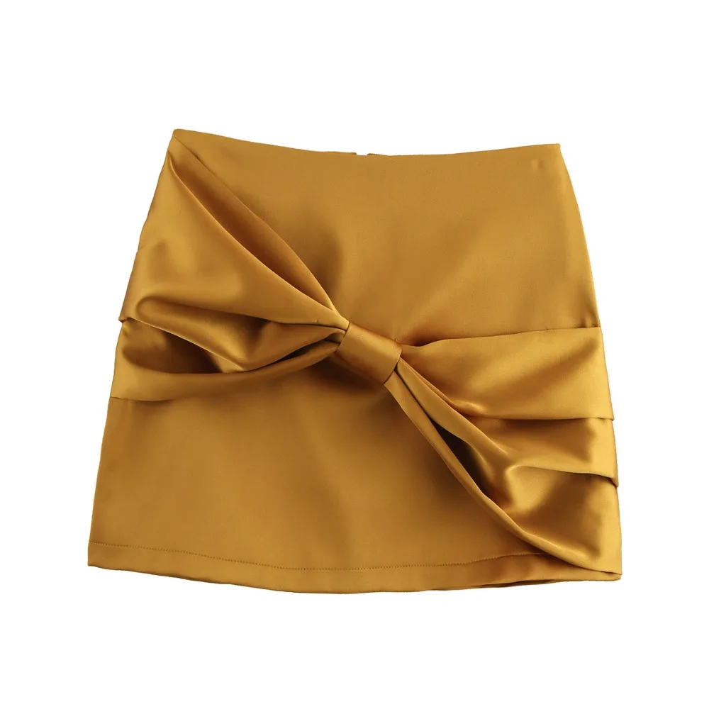 TRAF ZR Aesthetic Mujer Skort Elegant Mini Satin Effect Bow Skirt with Mid Waist and Hidden In-seam Zipper Golden Bow Chic Y2k