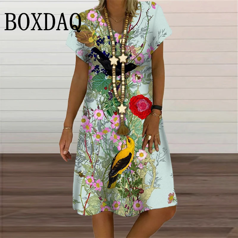 3D Peacock Print Dresses Women 2024 Summer Short Sleeve V-Neck Dresses Female Knee Length Casual Ladies Retro Clothing Plus Size