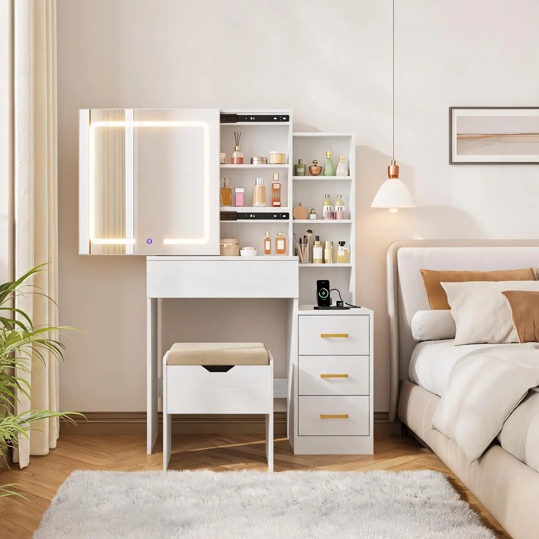 White Vanity Desk with Sliding Mirror and Lights, Modern Makeup Vanity Table with 4 Drawers and 7 Storage Shelves, Dressing Table with Stool and Charging Station, 3 Lighting Modes, for Bedroom