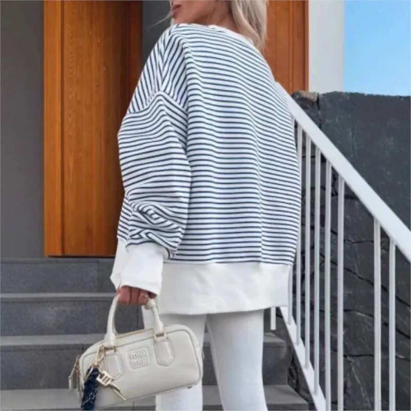 New Fashion Stripe Spliced Long Sleeve Sweatshirts Elegant O-neck Loose Commute Sport Tops Fall Casual Women Simple Pullovers