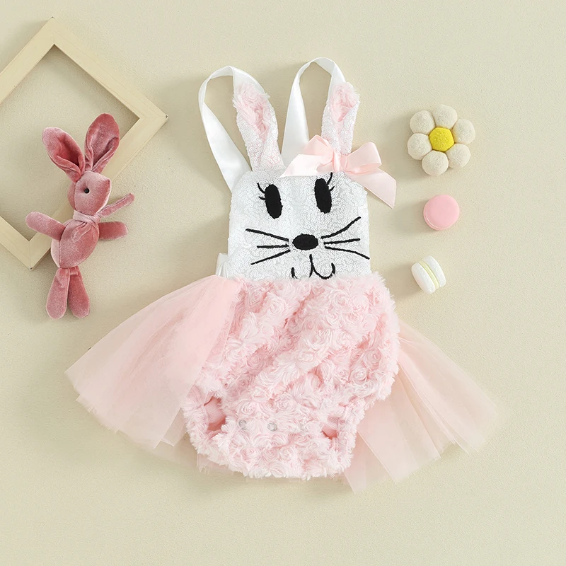 

Baby Girl Easter Dress Jumpsuit Sleeveless Bunny Pattern Tulle Patchwork Fuzzy Romper