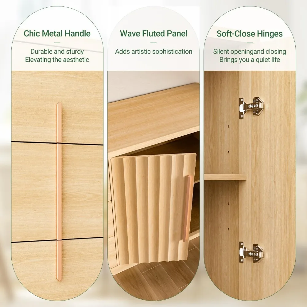 溝付きビュッフェサイドボードキャビネット（収納付き）、55インチモダンなクレデンザ収納キャビネット（3つの引き出し、2つのドア、調節可能な棚付き）