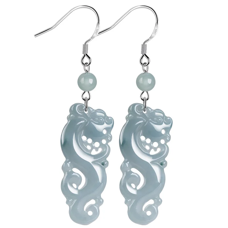 

Blue Burmese Jadeite Dragon Earrings Gift Natural Jewelry Energy 925 Silver Gifts for Women Stone Carved Real Myanmar Jade