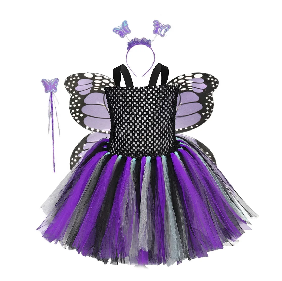 Purple Black Princess Girl Fairy Suit Butterfly Wings  Stick Dress  Festival  Props Cosplay Halloween Costume