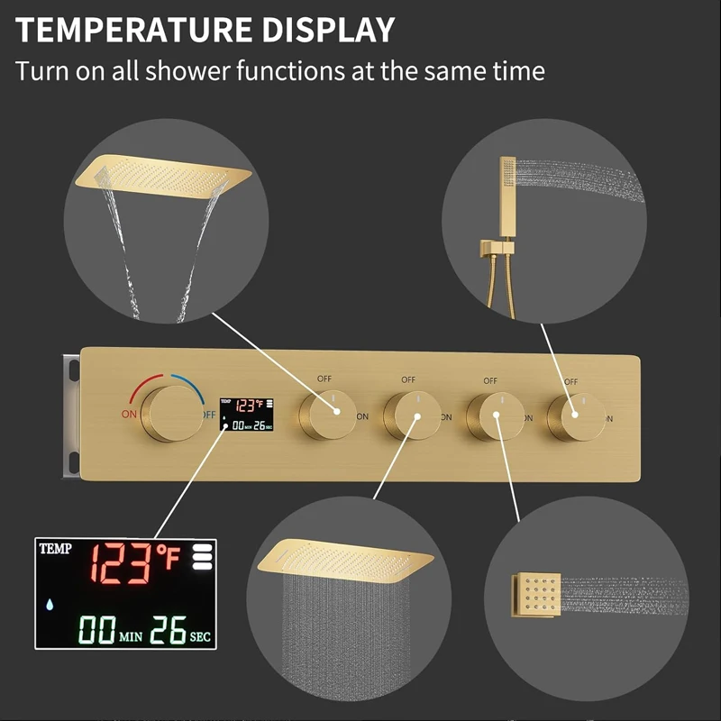 Latón Oro pulido Pantalla digital Sistema de ducha termostática Grifo de ducha de lluvia Grifo de ducha de baño con chorros corporales