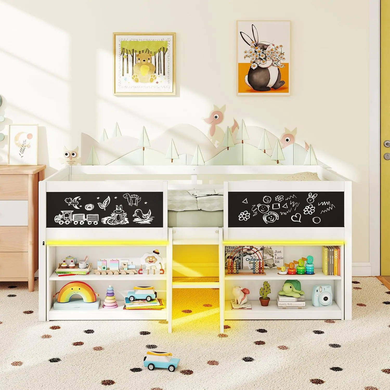 سرير خشبي مزدوج مع أضواء LED، سلم، سبورة وتخزين، أبيض