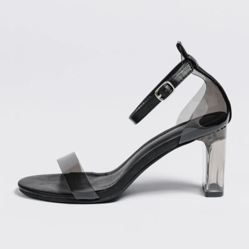 2023 Women Sandals Clear Heels Summer Chunky Heeled Sandals Sexy One Strap Peep Toe Party Prom Ankle Buckle Block Heel Big Size