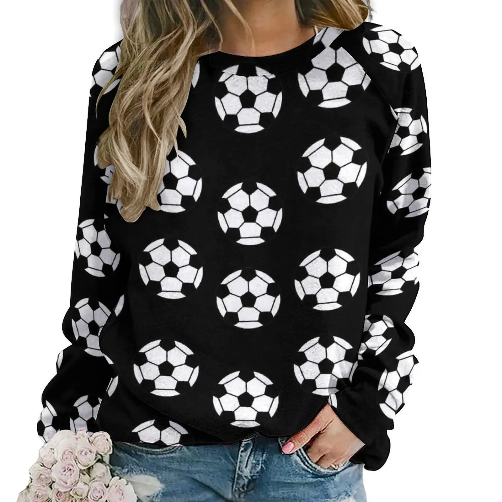 Soccer Ball Hoodies Lady Long Sleeve Black and White Trendy Casual Hoodie Wholesale Streetwear Oversized Graphic Sweatshirts