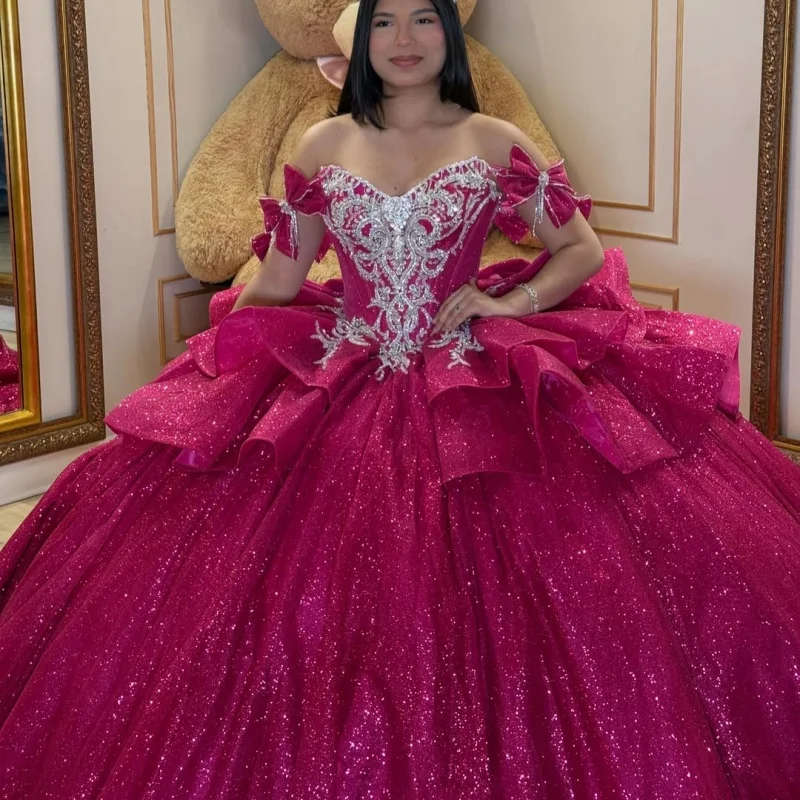 

Shiny Rose Red Quinceanera Dress off-shoulder Glitter Crystal Decal Layering Long tail Bow vestidos de 15 Quinceanera ﻿Customize