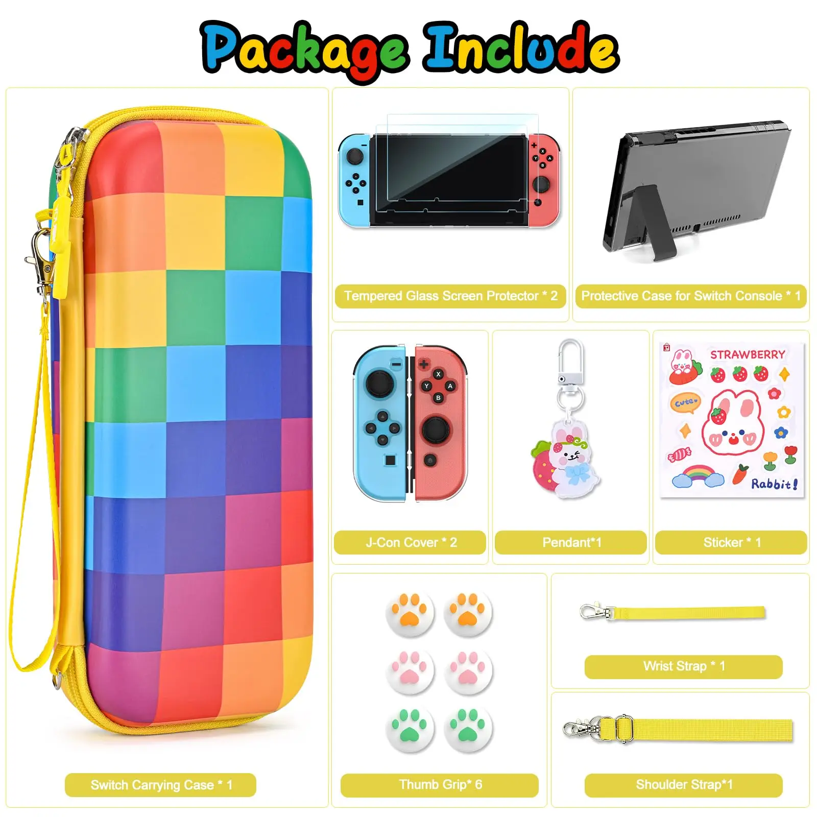 Rainbow Switch Carrying Case with Protective Case for Switch Console & J-Con Boldly Colored Portable Multi-Purpose Bag