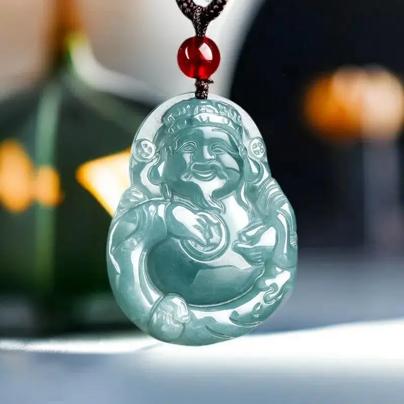 

Blue Myanmar Jadeite God of Wealth Pendant Necklace Choker Vintage Gifts for Women Stone Natural Burmese Jade Designer Charm