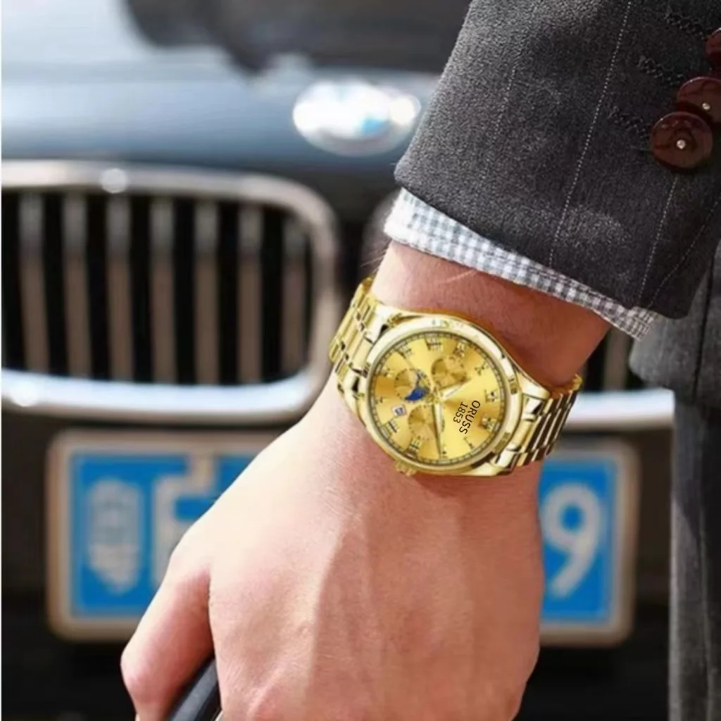 ORUSS оригинальные мужские часы из нержавеющей стали с двойным календарем, водонепроницаемые светящиеся роскошные золотые часы, модные кварцевые мужские наручные часы, новые