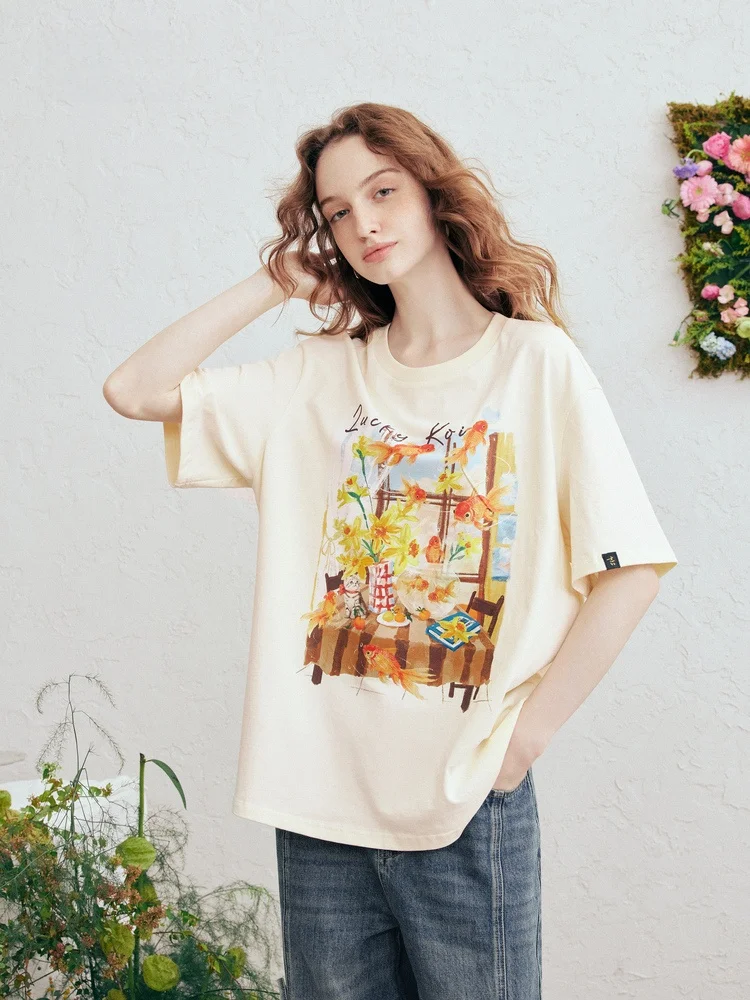 

Женская футболка свободного кроя из чистого хлопка, весенняя новинка, уличный стиль, принт с золотыми рыбками, ретро-стиль, повседневный топ с круглым вырезом