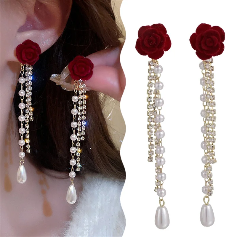Wine Red Flocking Bow Pearl Tassel Earrings For Women Elegant Trending Luxury Red Rose Flower Long Tassel Earrings Jewelry Gifts