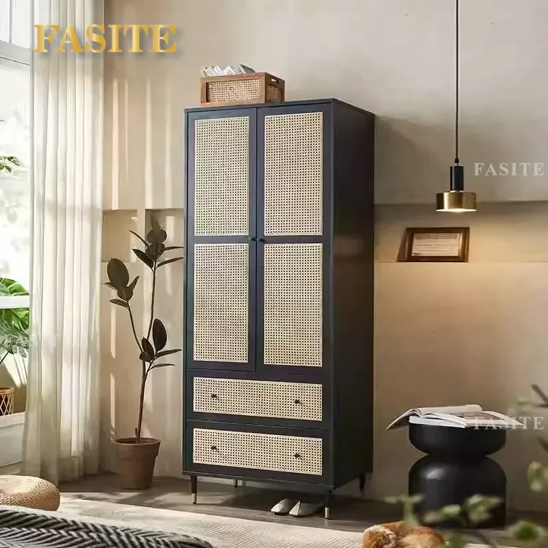 Nordic Solid Wood Rattan Double Door Wardrobe Ash Wood Retro Large Storage Cabinet Whole Hanging Closet for Small Apartment