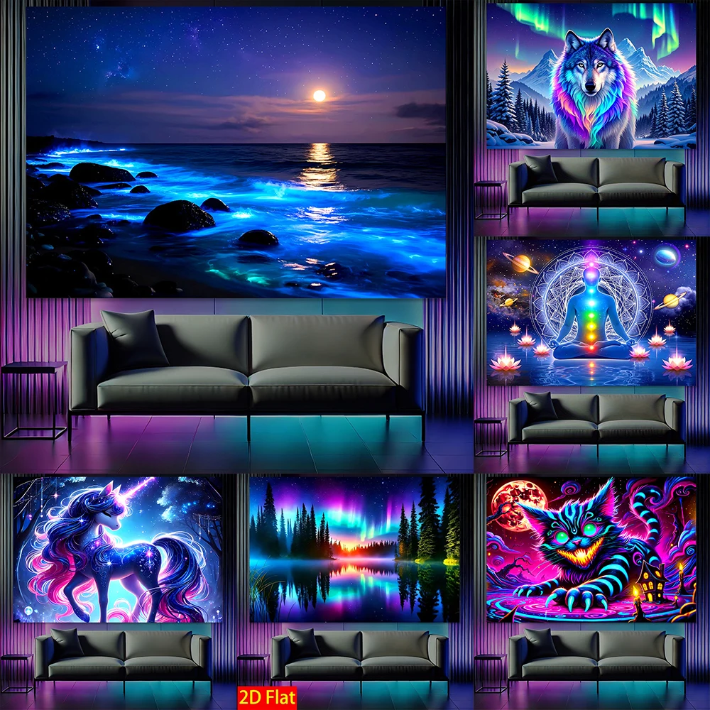 

Fluorescent tapestry Neon Glow-in-the-Dark Tapestry Collection , UV light luminous tapestry, suitable for home decoration.